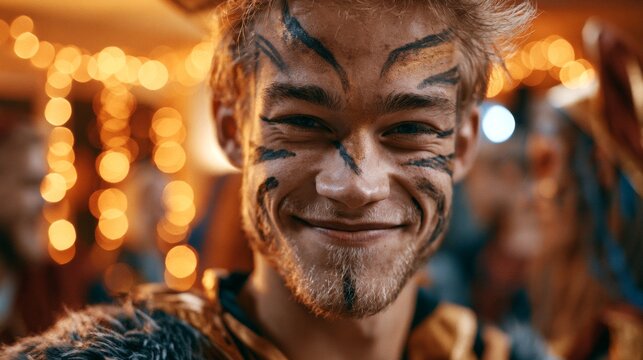Man in costume smiling at the camera at a Halloween party.