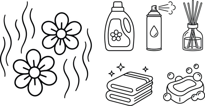 Home fragrance laundry line icon vector set showing flowers freshener spray aroma diffuser towel stacks and soap bubbles