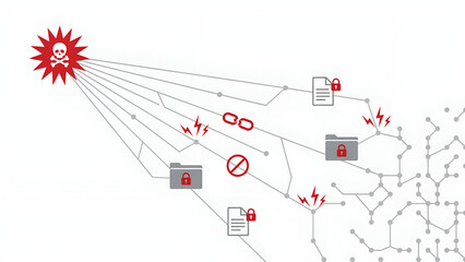 Obraz premium Cyber threat originating from skull icon attacking digital network with locked files and broken links