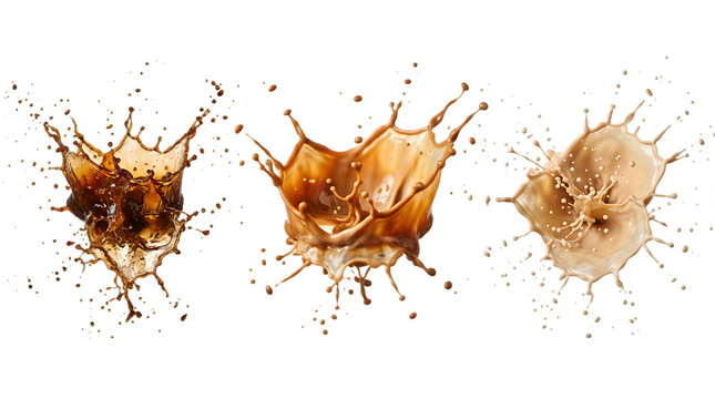 Three dynamic coffee and milk splashes isolated on transparent background for creative food and beverage design projects