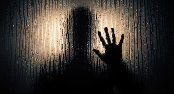 Eerie Silhouette Behind Steamy Window with Hand Pressed on Glass, Cine