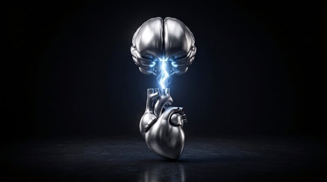 Brain and Heart Connected by a Bolt of Blue Electricity Symbolizing Logic and Emotion Balance