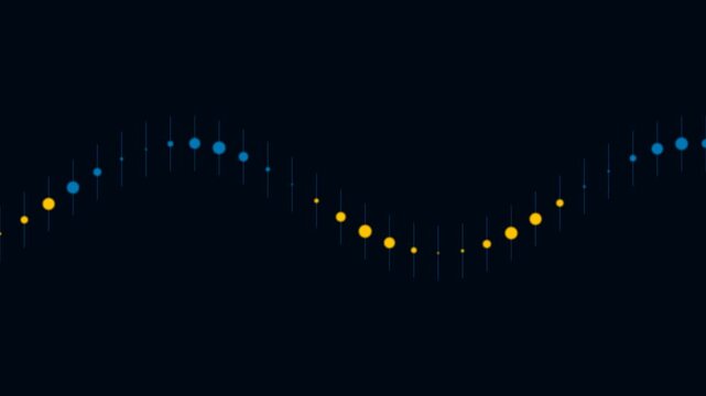 Abstract digital liquid stream with blue and yellow dots flowing in a wave pattern on black background