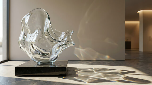Modern abstract glass sculpture resembling a bird casting shadows on the floor