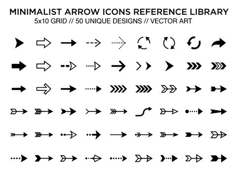 Minimalist arrow icons reference library, set of 50 unique designs in vector art, black navigation symbols for web and app interface
