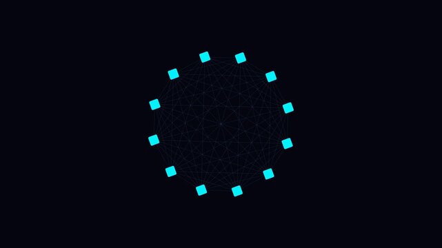 Abstract digital network convergence with rotating cyan nodes and data connections