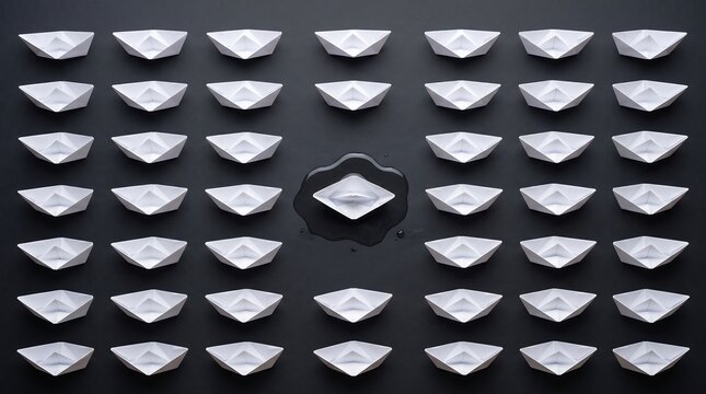 Paper boats in a grid pattern. Unique origami ship standing out from the crowd.
