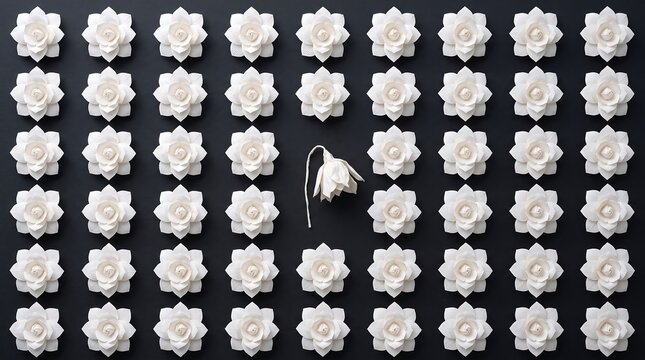 White flowers pattern on black background. One wilted flower stands out in the grid.