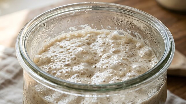 Active sourdough starter bubbling in a glass jar for homemade artisan bread baking perfect for sourdough september