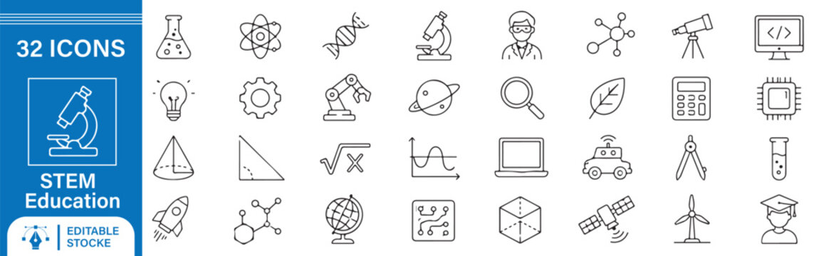 32 STEM Education Vector Outline Icons Set &ndash; Science, Technology, Engineering, Mathematics, Robotics and Innovation Line Symbols Collection