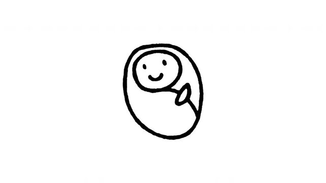 Animated Newborn baby in swaddle doodle icon. Features 4K frame by frame boiling line animation on black and green screen backgrounds for sleeping infant, maternity care, and hospital birth.