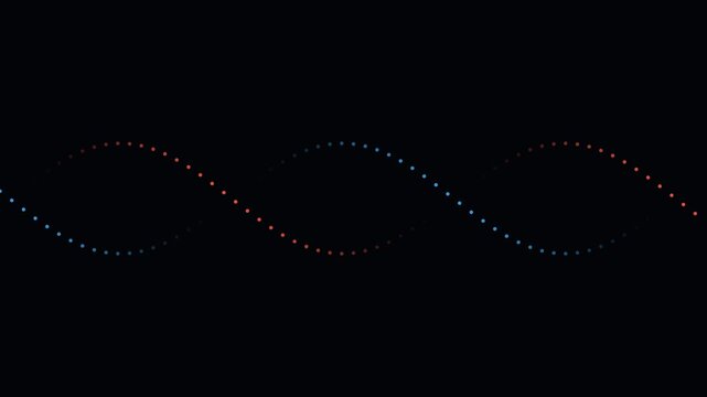 Abstract DNA double helix animation with blue and red glowing dots on a black background