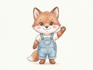 Fototapeta premium Cute little fox cartoon character wearing grey overalls waving hello isolated on white background