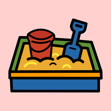 Kids Wooden Sandbox with Bucket and Shovel Vector Illustration