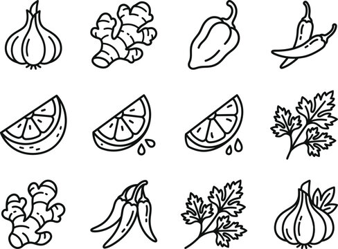 Kitchen seasonings and vegetables line art vector set, garlic, ginger, bell pepper, hot chili peppers, citrus lemon wedges, fresh parsley sprigs