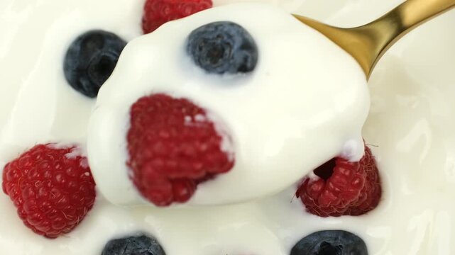 White Yogurt with fresh berries scoop with spoon, close up. Healthy protein breakfast ideas