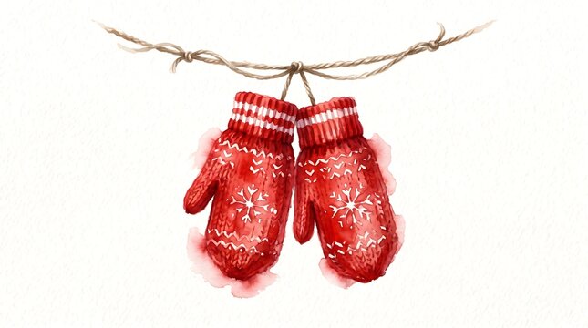 Red winter mittens hanging on a rope. Watercolor illustration of cozy Christmas gloves.