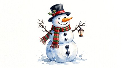 Fototapeta premium Watercolor snowman with top hat and lantern. Festive winter character for holiday design.