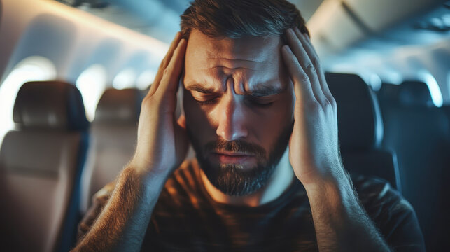 headache on airplane Male passenger is afraid and feels bad while flying on an airplane.