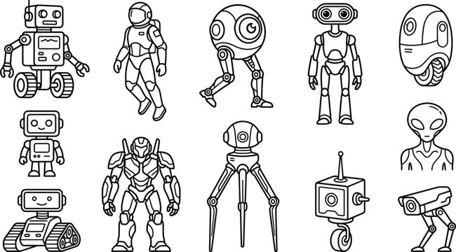 Robot line icon vector set showing futuristic cyborg android astronaut alien drone tripod mech and security camera elements