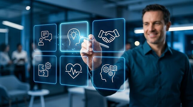 Man touching digital mental health icons. Professional interacting with wellness interface.