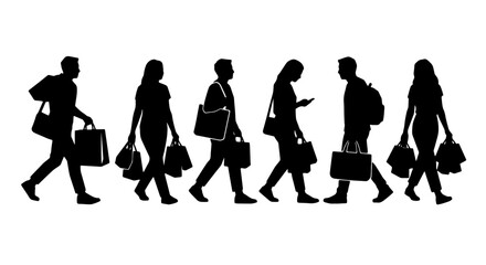 Obraz premium Diverse Shoppers Silhouette Collection, Black Figures Carrying Shopping Bags, Consumerism Lifestyle Vector Icons