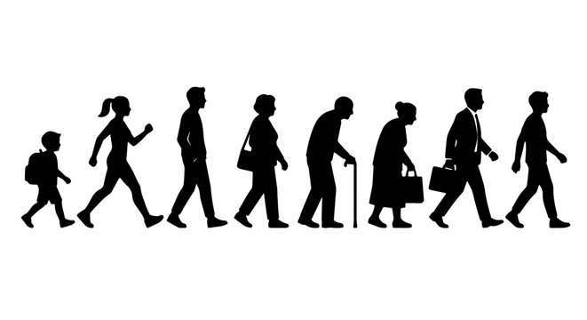 Human Life Cycle Stages, Diverse Ages Silhouette Collection, From Childhood to Elderly, Representing Growth and Aging Process