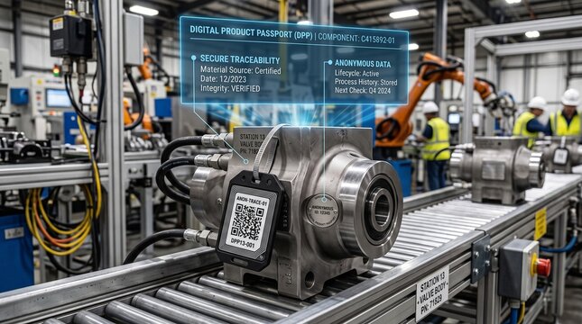 Industrial component with digital product passport and QR code on a factory assembly line.