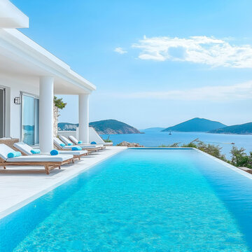 Terrace in villa with swimming pool  clear blue water with stunning sea view and sky