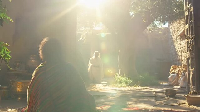 God Appeared to Abraham Near the Oaks of Mamre, where he was Sitting at his Tent Door. Biblical Story Scene