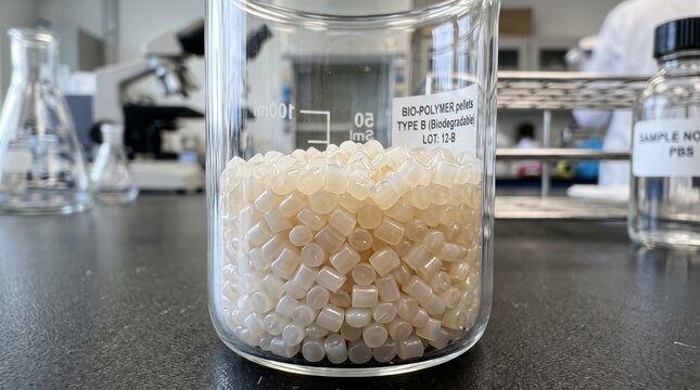 Biodegradable plastic pellets inside a glass beaker in a laboratory setting.