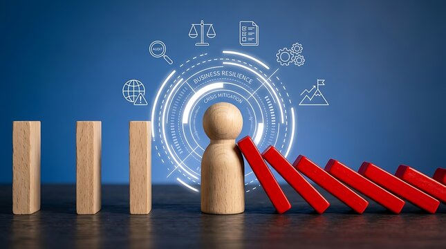 Wooden peg doll stopping domino effect. Concept of mental health resilience and crisis control.