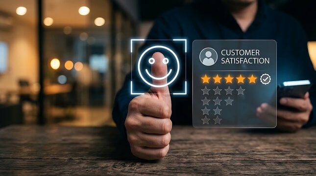 Customer giving thumbs up for service. User feedback with five star rating hologram.