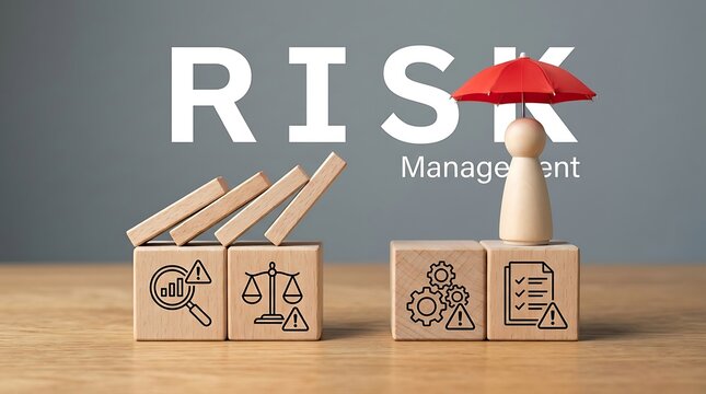 Wooden blocks falling near a protected figure. Risk management concept with domino effect.