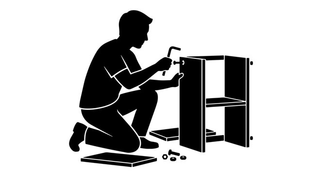 DIY Furniture Assembly, Home Improvement, Man Building Flat Pack Shelving Unit with Tools, Vector Silhouette