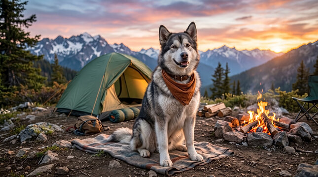 Creative portrait of an Alaskan Malamute dog camping in the mountains. Canine wearing a bandana sitting by a campfire and tent. Outdoor adventure and wilderness exploration concept