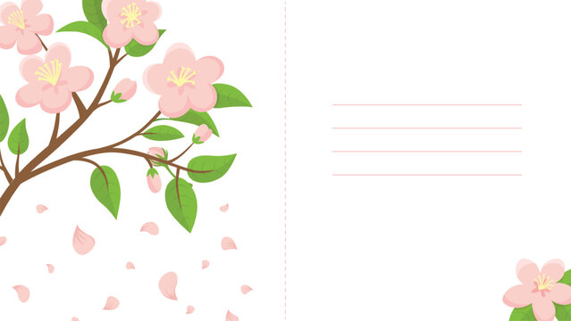 Apple tree blooming branch. Cover, postcard, diploma template design with cherry or peach pink flowers. Floral background design with space for text, vector element