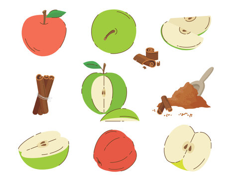 Cinnamon sticks powder and apples. Cut apple, slice, half with seeds. Fruits harvest season, agriculture local market fresh products. Autumn pie ingredients, vector set