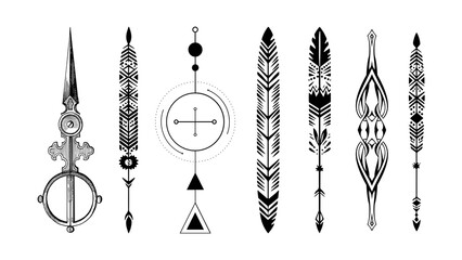 Set of tribal boho arrows feathers and geometric mystical symbols for tattoo design © Mr. Sany