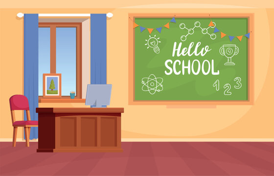 Classroom interior. Cartoon classroom with green classic chalkboard and teacher table. Back to school background. Education building, college, vector scene