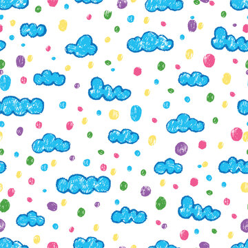 Clouds and colorful blobs seamless pattern. Rainbow color rounds and blue cloud. Abstract crayon style drawing print for fabric design, vector background
