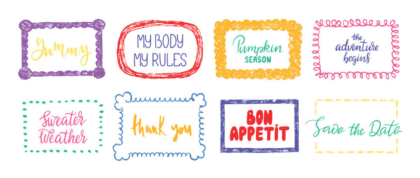 Decorative grunge frames with lettering phrases. Crayon drawing style frame design, children draw. Hello autumn, yummy, thank you banners, vector set