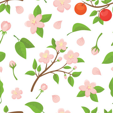 Floral apple tree branches seamless pattern. Cartoon pink flowers and petals, blooming branch, red apples. Seasonal fruits print design, vector background