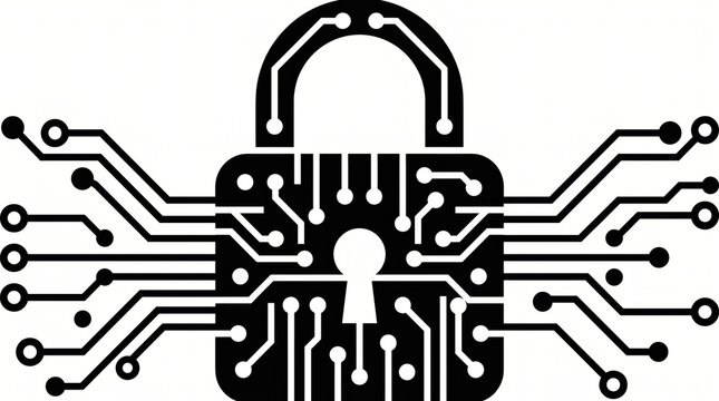 digital padlock icon with circuit board pattern lines. concept of cyber security, data protection, privacy and encryption. web design, banner, website header