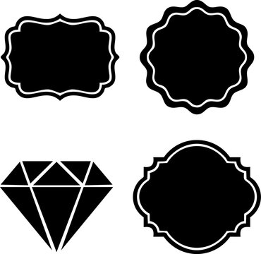 Set of decorative black vintage frames and a diamond shape icon for graphic design projects