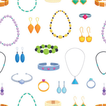 Gold silver jewelry seamless pattern. Different necklaces with beads and pendant, rings and bracelettes with gems, earrings various design, vector background