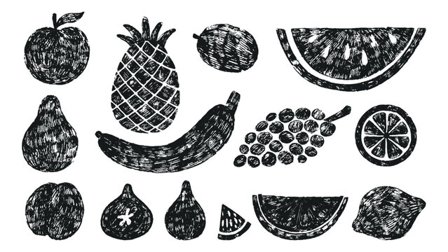 Grunge fruits dirty stamps. Black templates of watermelon, orange slices, lemon, apple, pear and plum, grape and banana. Stamp design vector set