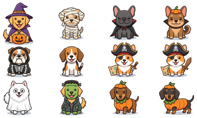 Fototapeta premium Set of cute dogs in various halloween costumes, including witch, mummy, vampire, pumpkin, skeleton, pirate, ghost, and frankenstein, cartoon vector illustration