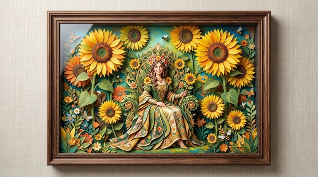 Detailed layered paper craft of a woman sitting on an ornate throne surrounded by sunflowers and flying bees in a dark wooden shadowbox frame