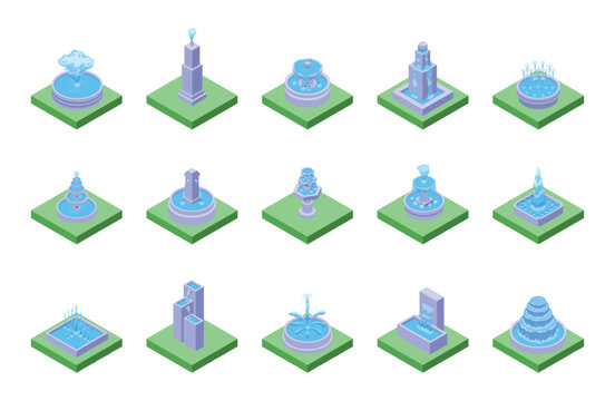 Isometric fountains on green ground. Decorative 3d fountain with water for city park, garden, personal nature zone. Stylish classic and modern vector design